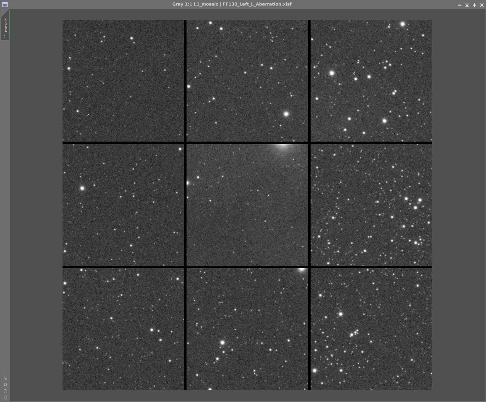 PixInsight 3×3 aberration mosaic of a luminance subframe from the Left FF130, showing star shapes across the frame centre, edges and corners