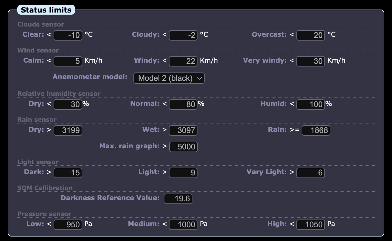 Solo Status limits panel with settings for cloud, wind, humidity, rain, light, sky-quality calibration and pressure.